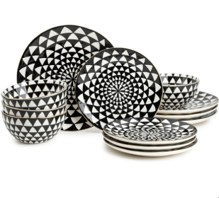 Thyme & Table 12-Piece Dinnerware Stoneware Set, Black & White Medallion Collection