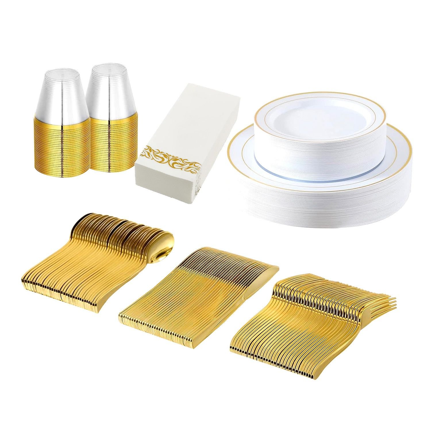 175Pcs Disposable Gold Dinnerware Set Gold Rim Plastic Plates Cups Fork Spoon Knife Paper Napkins for Party Wedding Graduation 175Pcs Disposable Gold Dinnerware Set Gold Rim Plastic Plates Cups Fork Spoon Knife Paper Napkins for Party Wedding Graduation