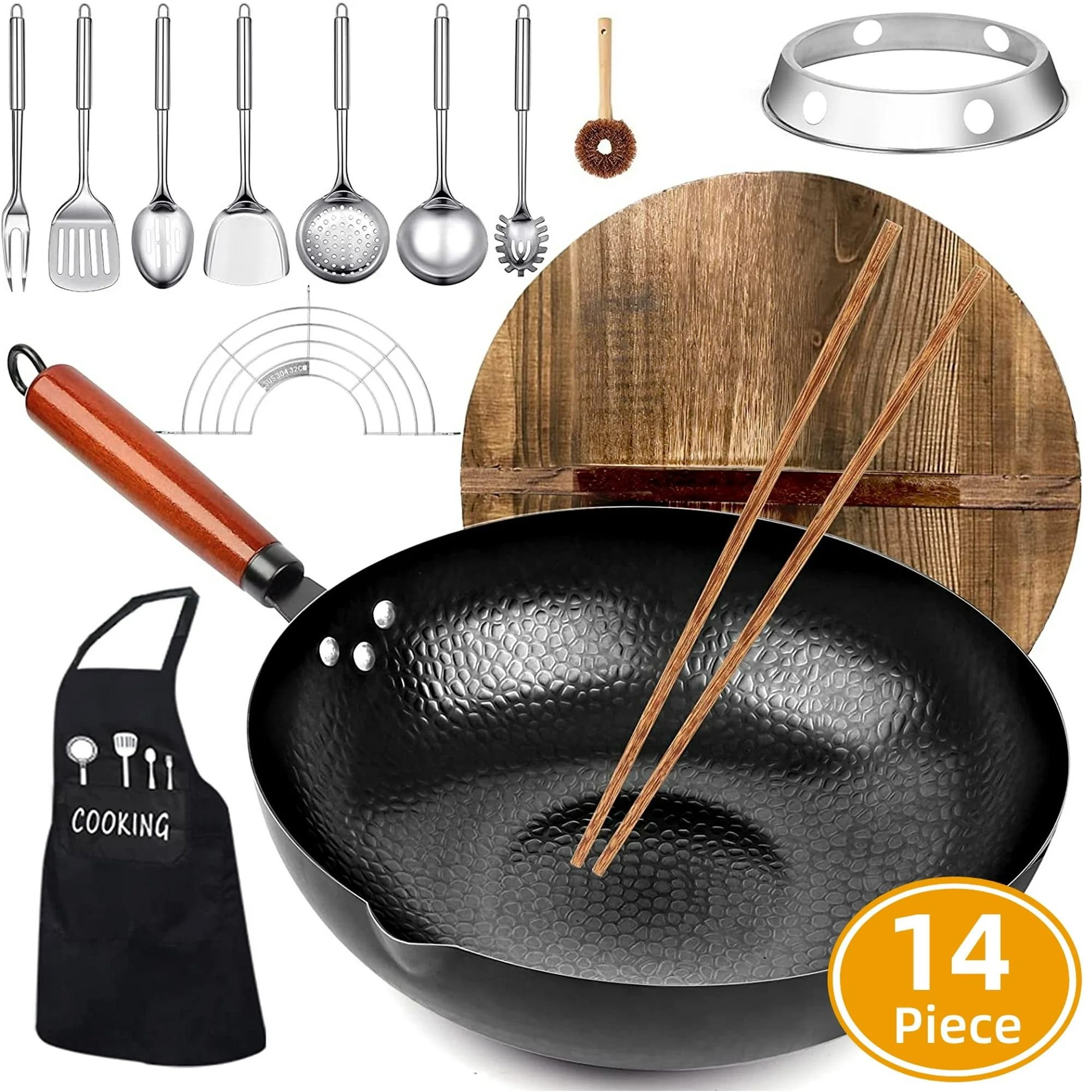 Carbon Steel Wok Pan, 14 Piece Woks & Stir-Fry Pans Set with Wooden Lid & Cookwares, Non-Stick Flat Bottom Chinese Woks Pan for Induction, 12.6'' Carbon Steel Wok Pan, 14 Piece Woks & Stir-Fry Pans Set with Wooden Lid & Cookwares, Non-Stick Flat Bottom Chinese Woks Pan for Induction, 12.6''
