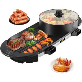 2 in 1 BBQ Grill and Hot Pot with Divider, Aluminum Alloy Electric BBQ Stove Hot Pot, Separate Dual Thermostat Teppanyaki Grill Pot with 5 Speed