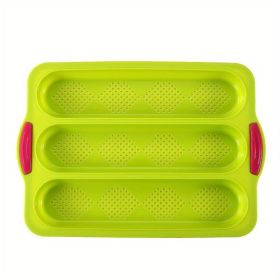 1pc; Silicone Baguette Pan; French Bread Baking Pan; Perforated 3 Loaves Baguettes Bakery Tray; Baking Tools; Kitchen Gadgets; Home Kitchen Items (Color: green)