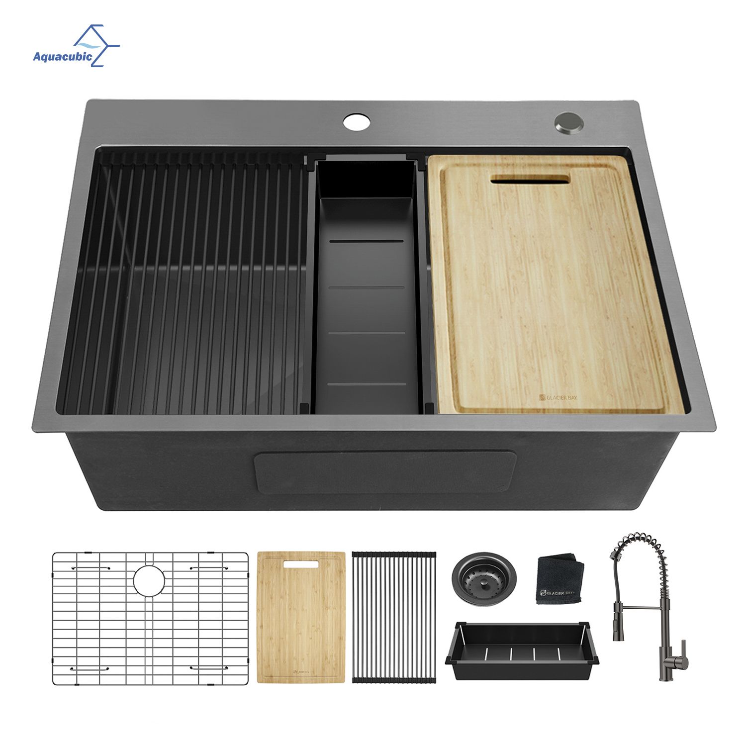 Aqucubic Gunmetal Black CUPC Handmade 304 Stainless Steel Topmount Kitchen Sink with Accessories and faucet Aqucubic Gunmetal Black CUPC Handmade 304 Stainless Steel Topmount Kitchen Sink with Accessories and faucet
